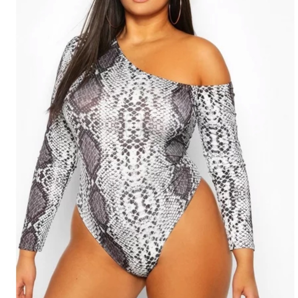 Plus Asymmetrical Snake Print LongSleeve Bodysuit